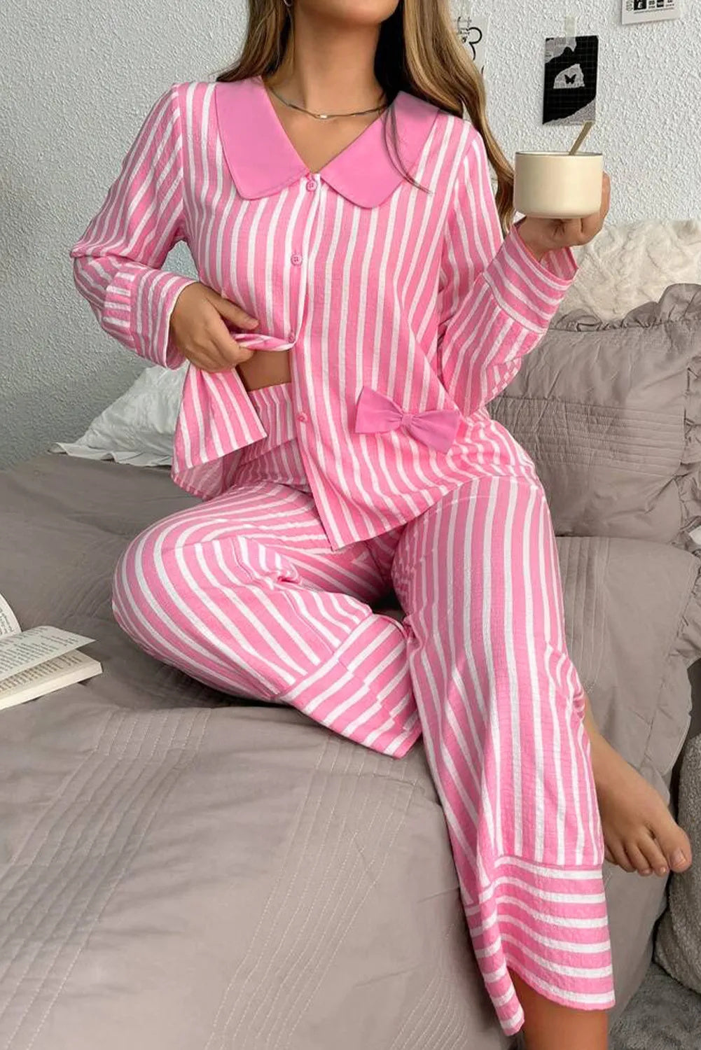 Stripe Buttoned Front Long Sleeve Top And Pants 2 Piece Sleepwear