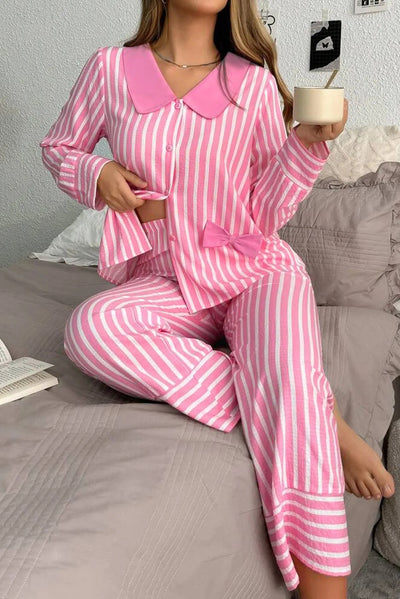 Stripe Buttoned Front Long Sleeve Top And Pants 2 Piece Sleepwear