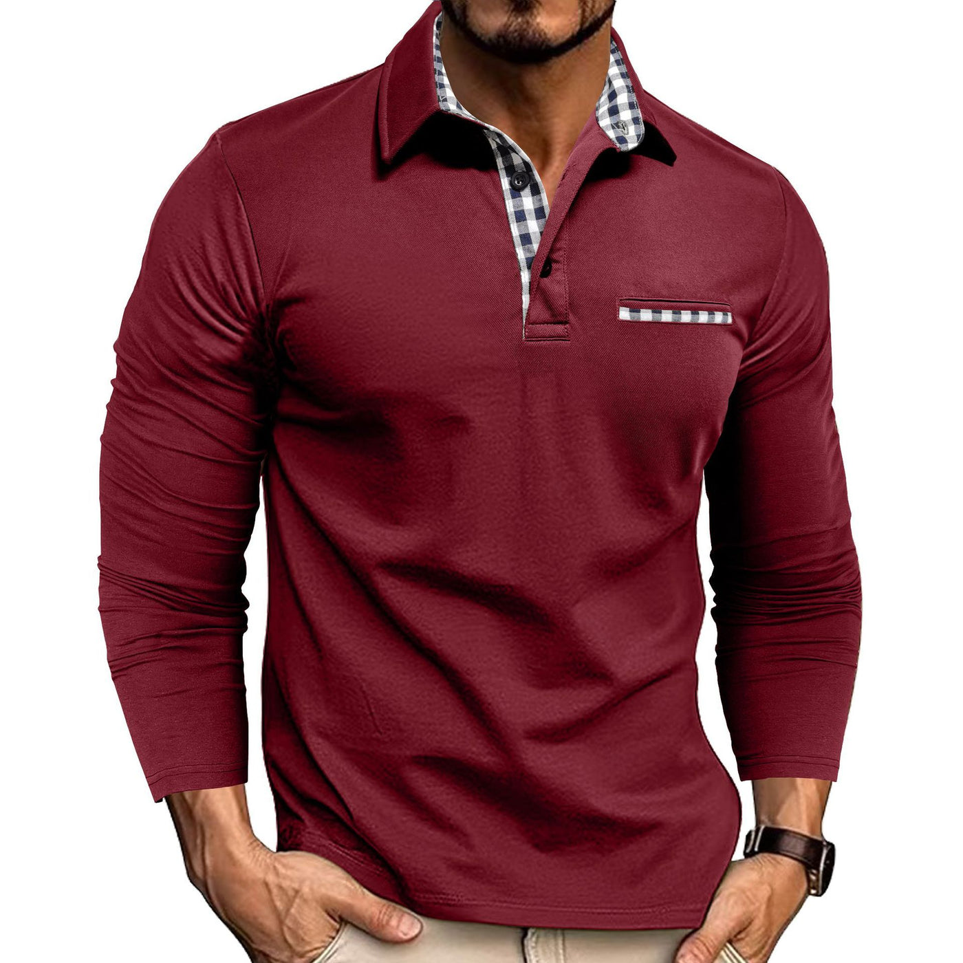 Casual Plaid Splicing Lapel Polo Shirt Fashion Solid Color Long Sleeve Top Men's Clothing