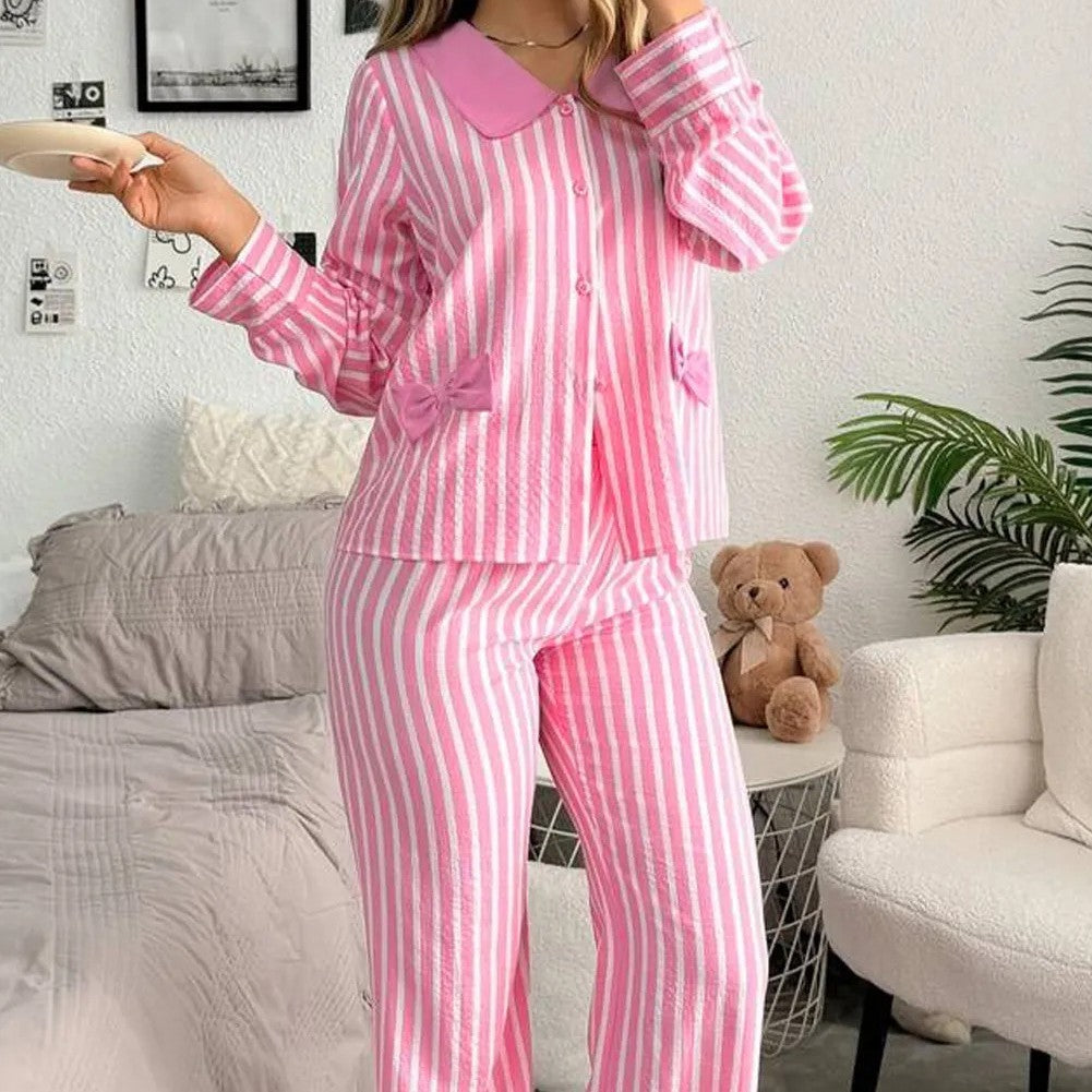 Stripe Buttoned Front Long Sleeve Top And Pants 2 Piece Sleepwear