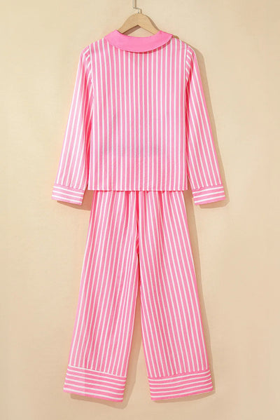 Stripe Buttoned Front Long Sleeve Top And Pants 2 Piece Sleepwear