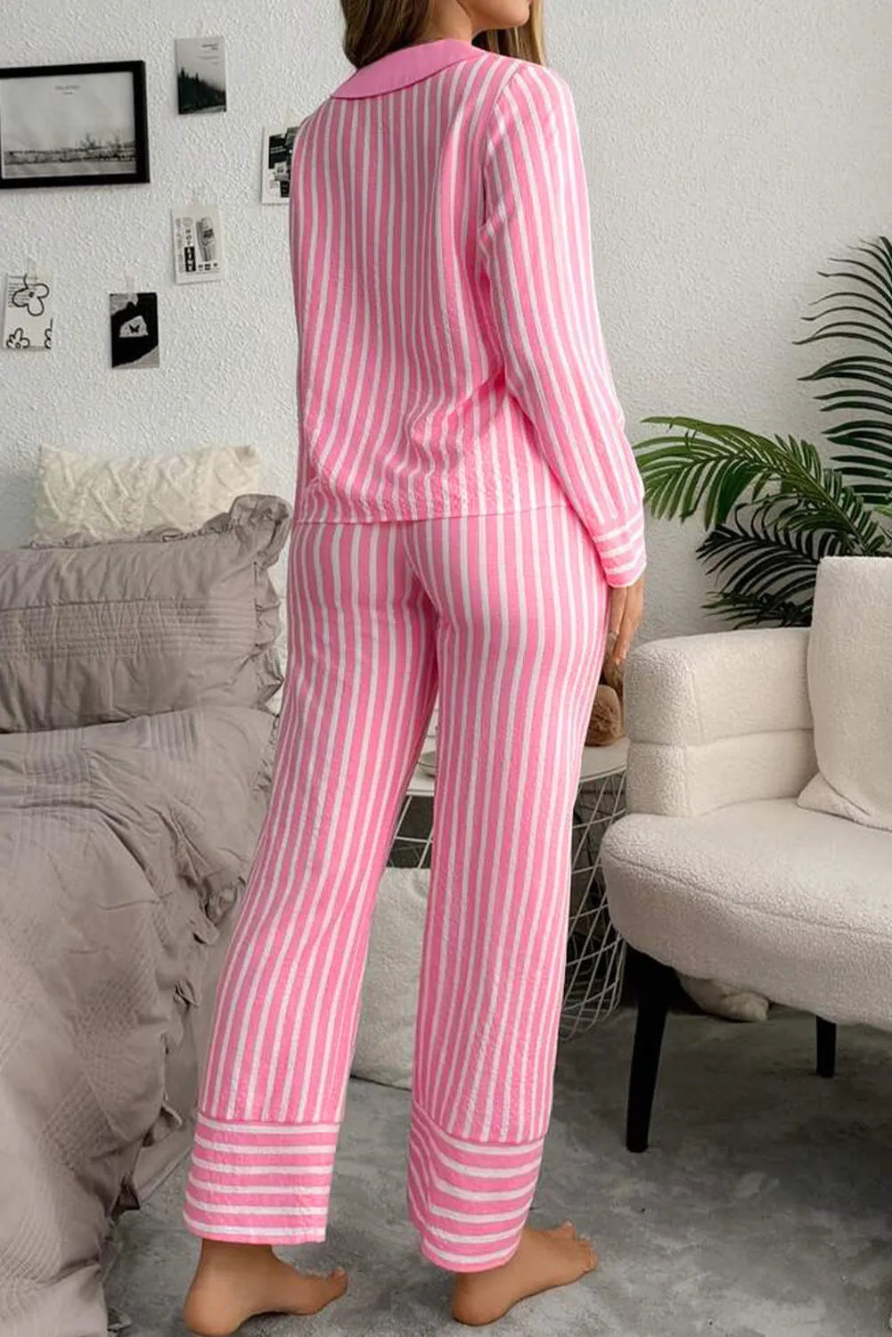 Stripe Buttoned Front Long Sleeve Top And Pants 2 Piece Sleepwear