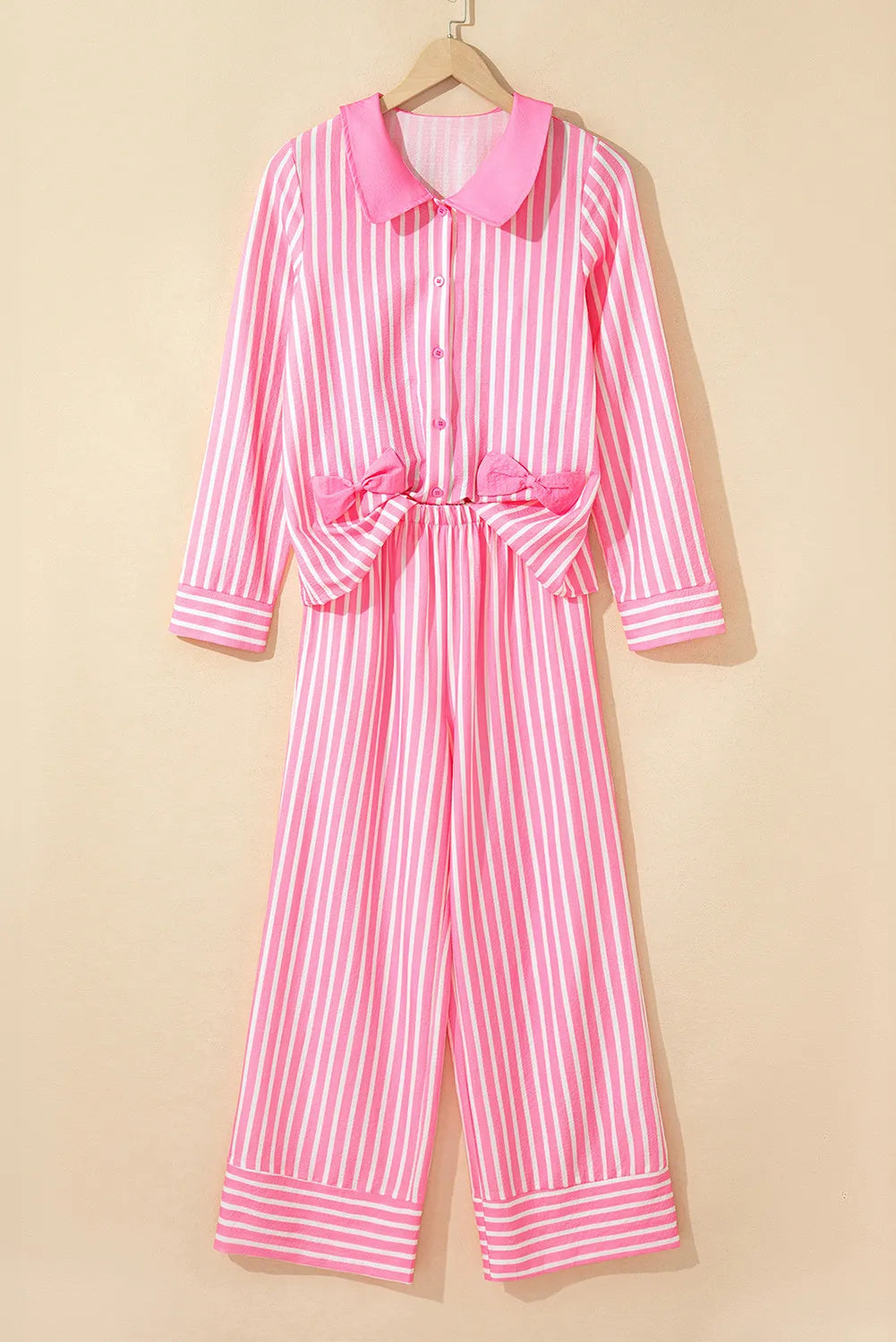 Stripe Buttoned Front Long Sleeve Top And Pants 2 Piece Sleepwear