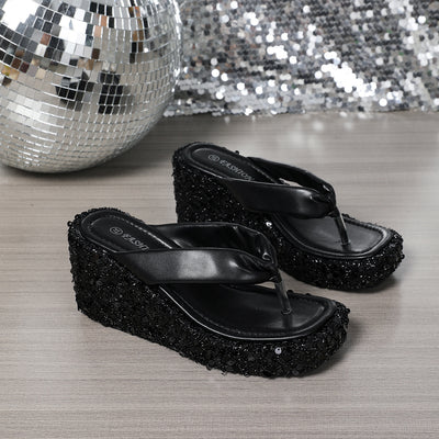 High Heels Wedge Sandals With Sequins Shiny Height Increasing Platform Flip Flops Women's Thick Bottom Shoes Beach Summer