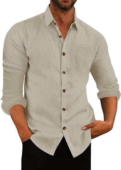 Men's Polo Collar Solid Color Long Sleeve Shirt Linen Loose Casual Cardigan