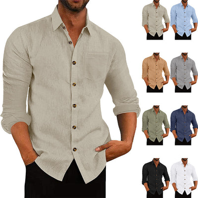 Men's Polo Collar Solid Color Long Sleeve Shirt Linen Loose Casual Cardigan