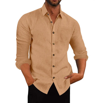 Men's Polo Collar Solid Color Long Sleeve Shirt Linen Loose Casual Cardigan