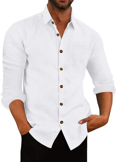 Men's Polo Collar Solid Color Long Sleeve Shirt Linen Loose Casual Cardigan