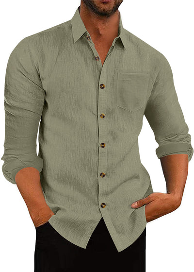 Men's Polo Collar Solid Color Long Sleeve Shirt Linen Loose Casual Cardigan
