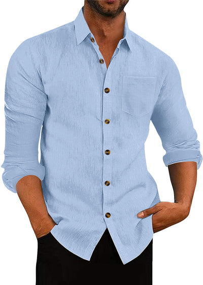 Men's Polo Collar Solid Color Long Sleeve Shirt Linen Loose Casual Cardigan