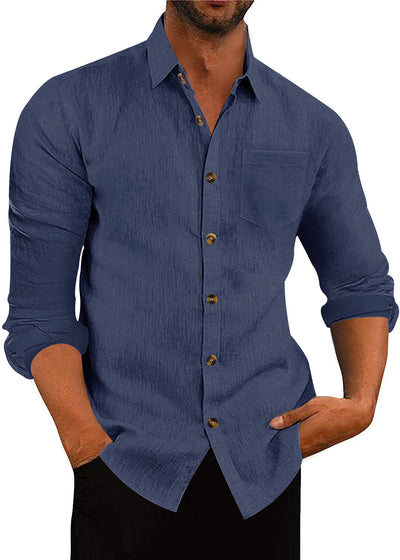 Men's Polo Collar Solid Color Long Sleeve Shirt Linen Loose Casual Cardigan