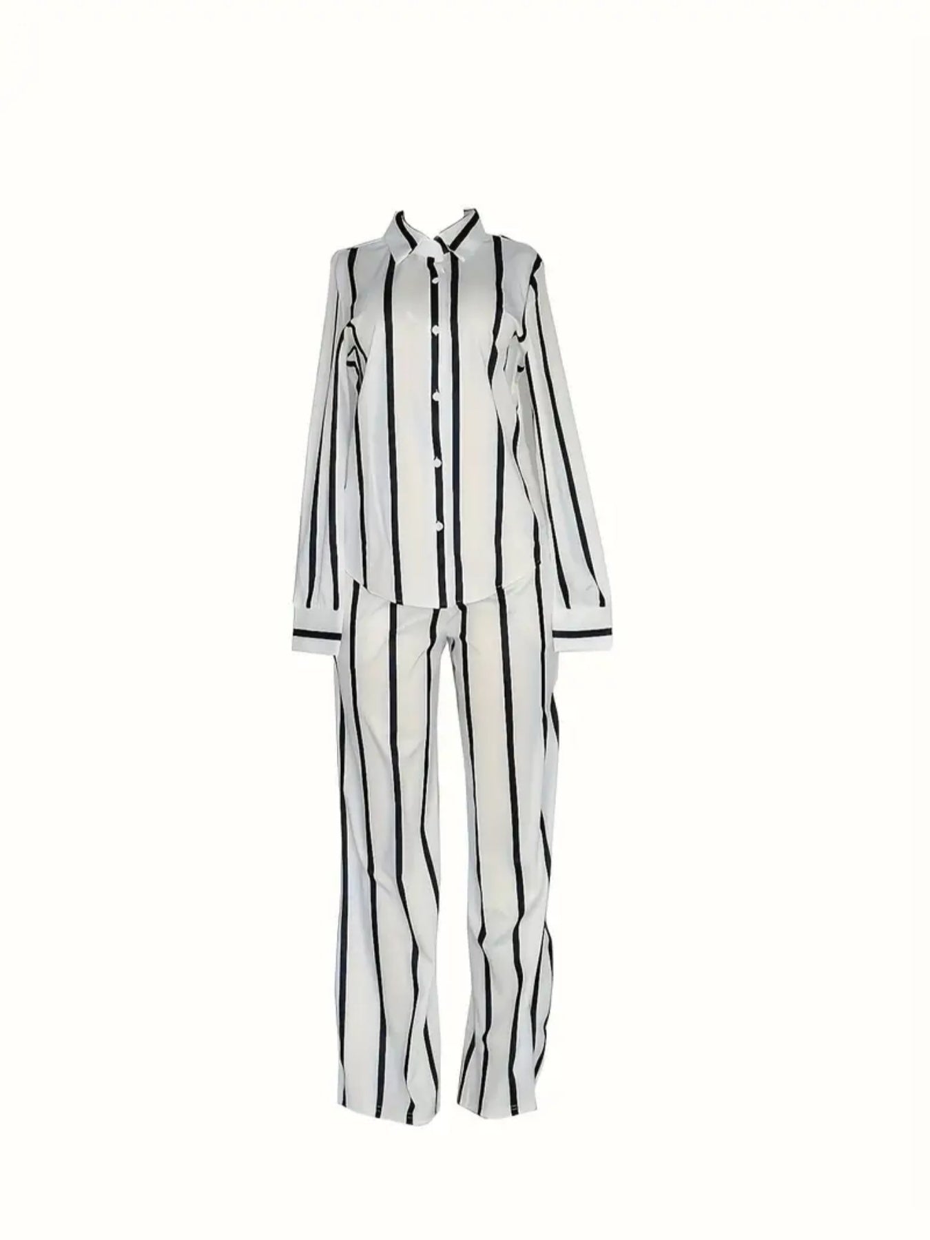 2025 New Stripe Printed Two Piece Set, Button Front Collar Long Sleeve Shirt&High Waist Wide Leg Loose Pants Set, Fashionable Women's Wear