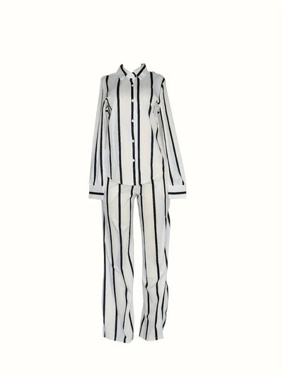 2025 New Stripe Printed Two Piece Set, Button Front Collar Long Sleeve Shirt&High Waist Wide Leg Loose Pants Set, Fashionable Women's Wear